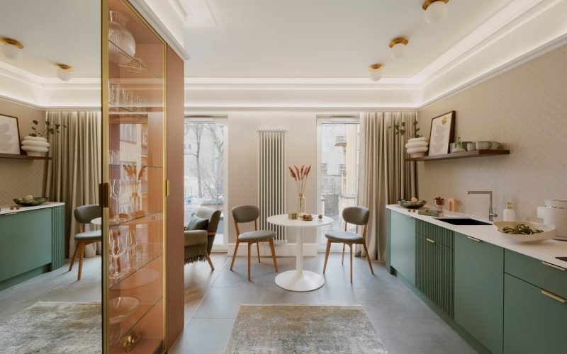 Interior design of dinning room interior with round table, personal accessories. Home decor Template